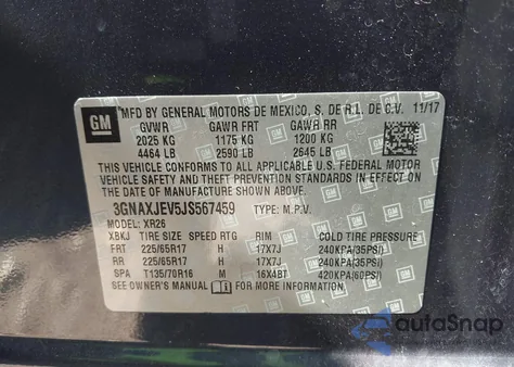 2018 Chevrolet Equinox Lt из США, поврежденный, VIN 3GNAXJEV5JS567459